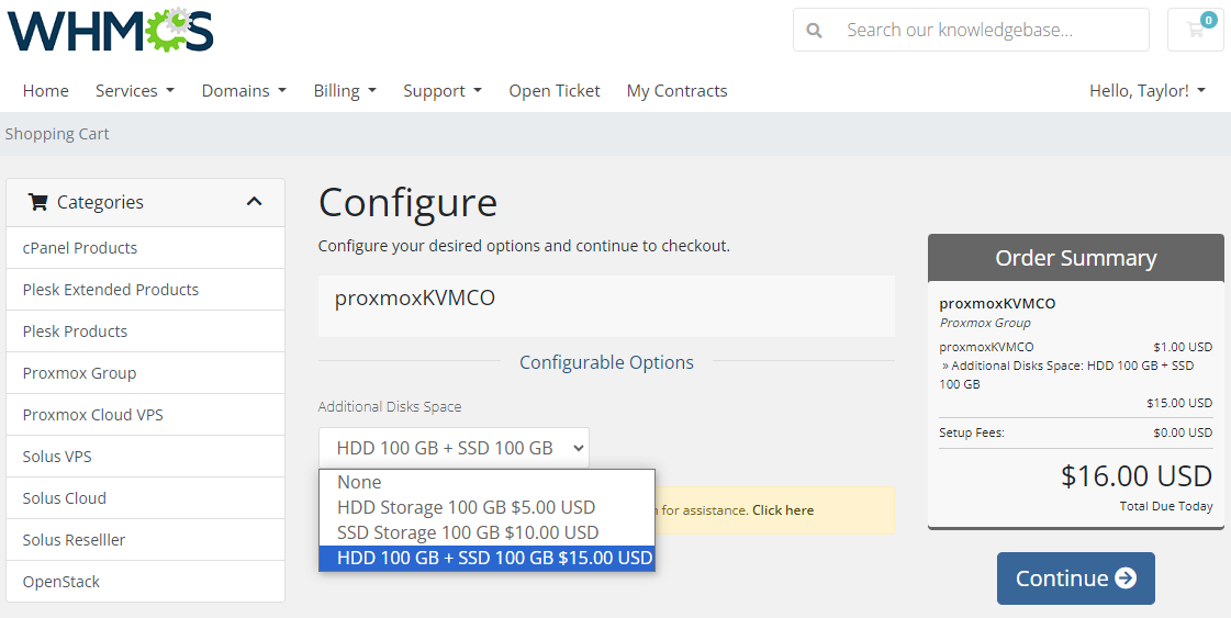 Proxmox VE VPS And Cloud For WHMCS: order form with the Additional Disks Space dropdown and storage prices