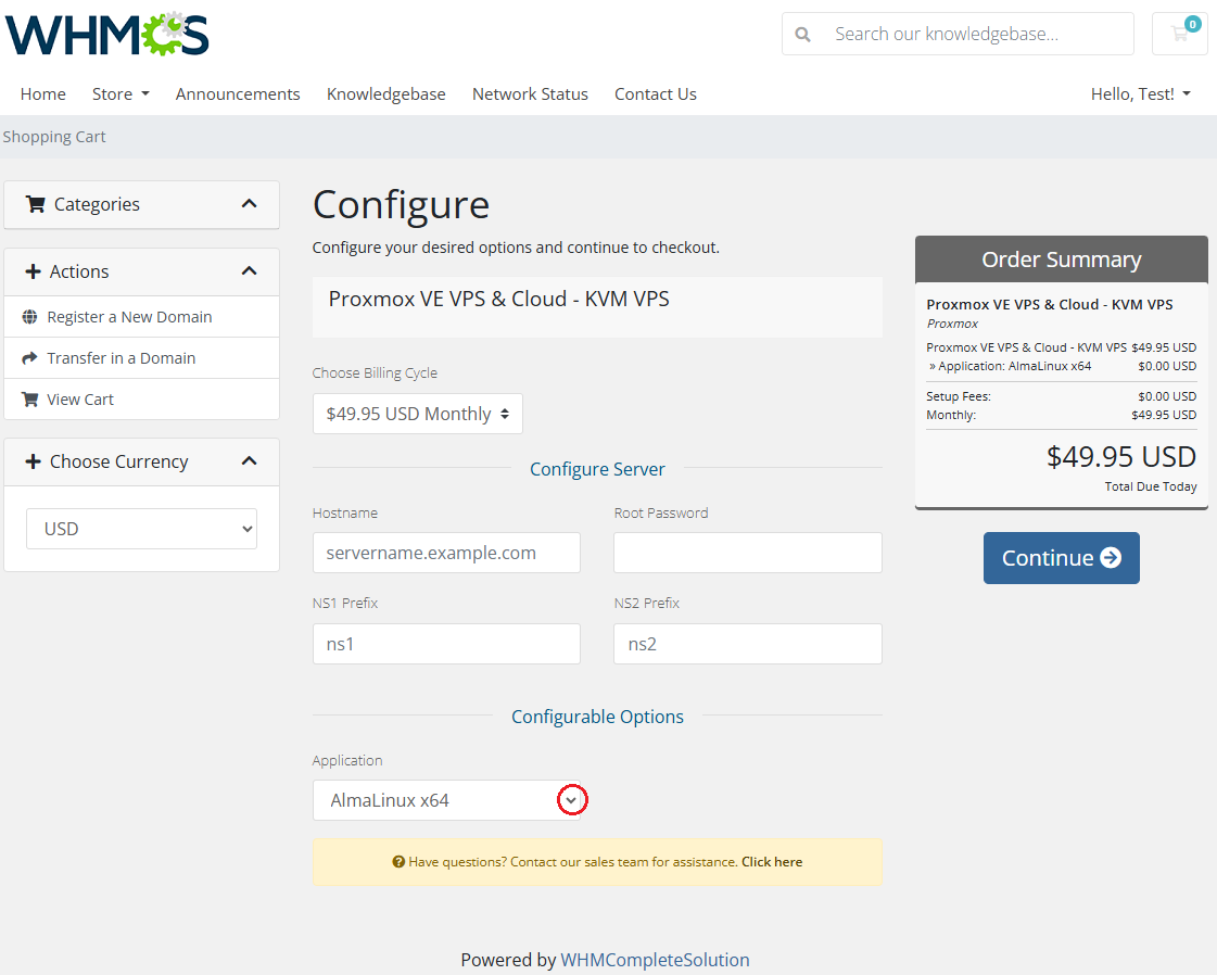 Proxmox VE VPS And Cloud For WHMCS: WHMCS order form with an Application dropdown for choosing the Linux template