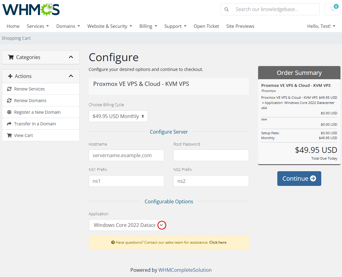 Proxmox VE VPS And Cloud For WHMCS: WHMCS order form with an Application dropdown for choosing the Windows template