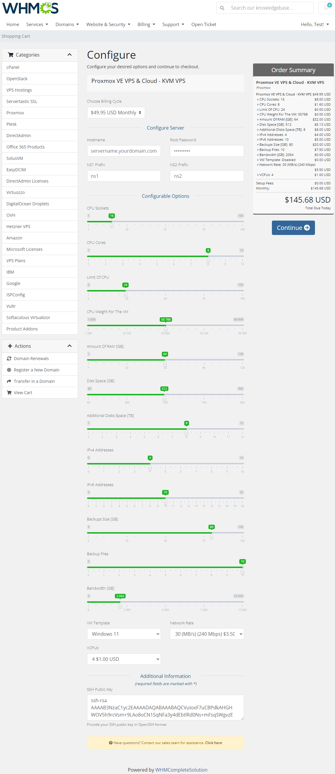 Proxmox VE VPS And Cloud For WHMCS: client area order form with configurable option sliders, dropdowns and the order
