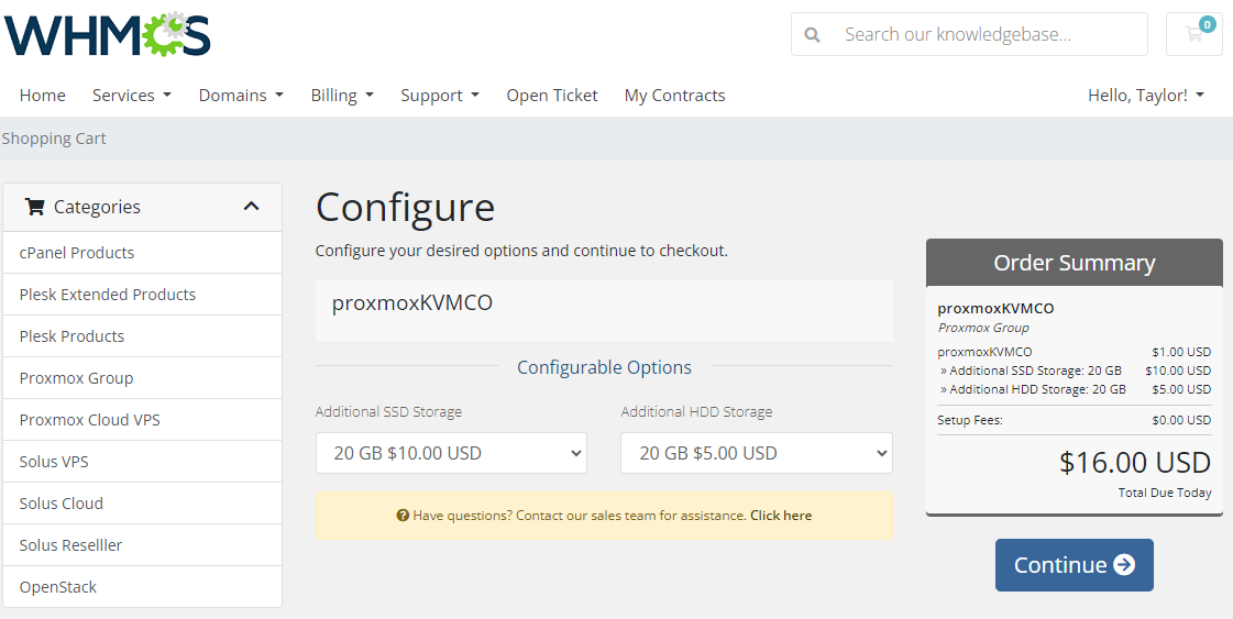 Proxmox VE VPS And Cloud For WHMCS: order form with separate Additional SSD Storage and HDD Storage dropdowns