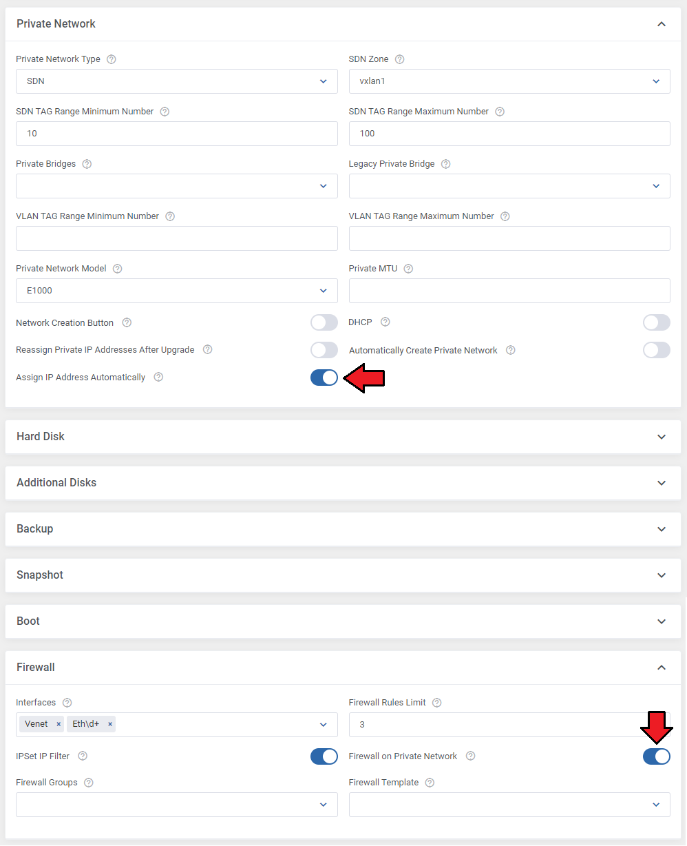 Proxmox VE VPS And Cloud For WHMCS: Private Network and Firewall settings with automatic IP assignment and firewall on