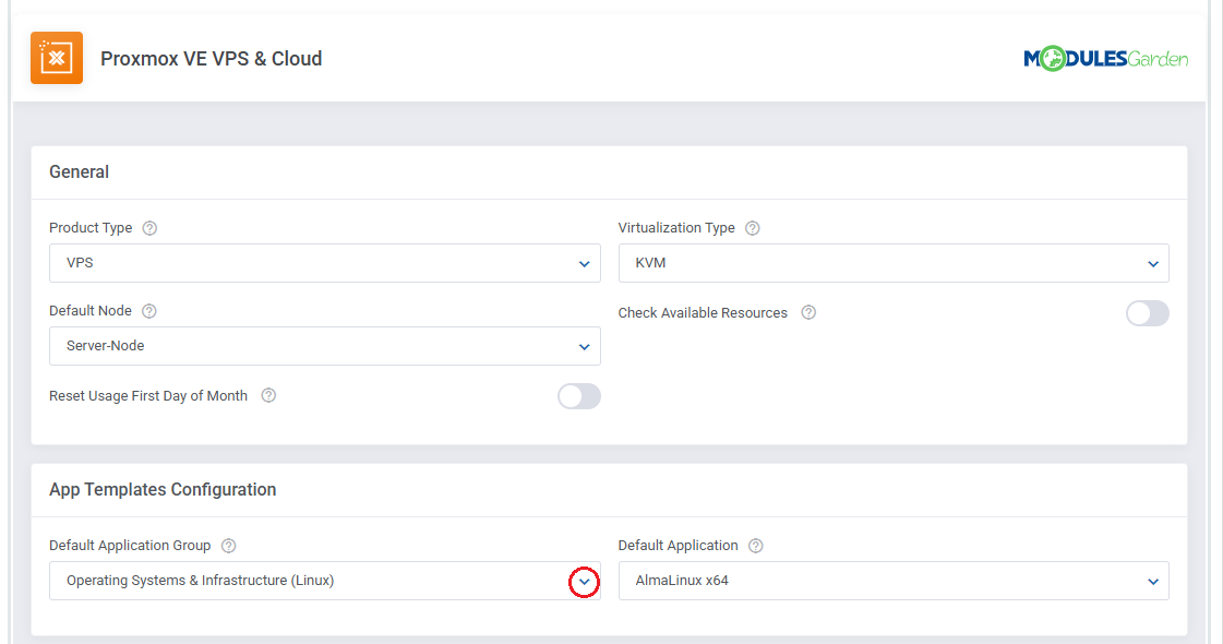 Proxmox VE VPS And Cloud For WHMCS: product module settings with App Templates setup for the Linux application group
