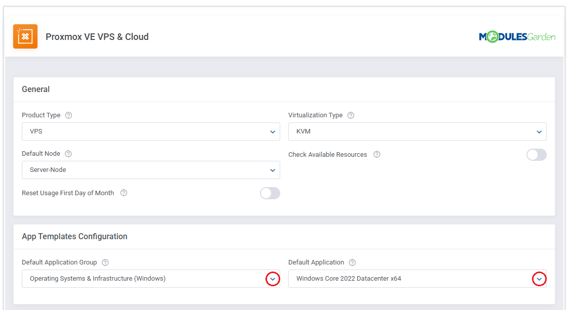 Proxmox VE VPS And Cloud For WHMCS: product module settings with App Templates setup for the Windows application group