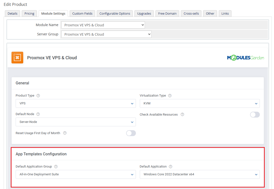 Proxmox VE VPS And Cloud For WHMCS: product Module Settings with App Templates Configuration group and default