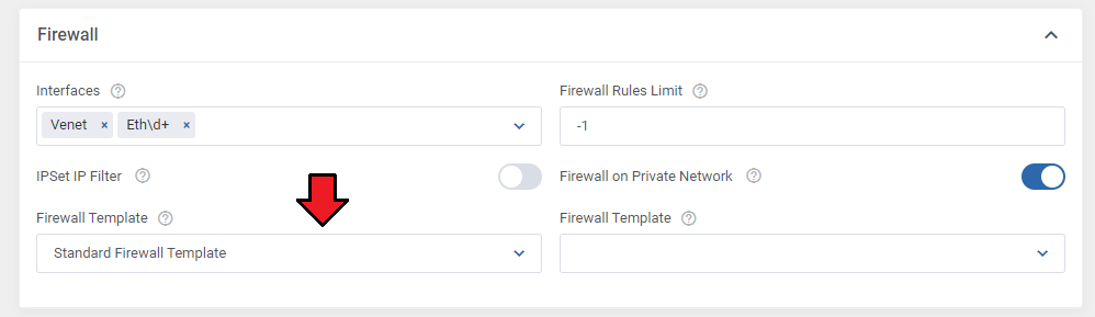 Proxmox VE VPS And Cloud For WHMCS: product Firewall section with the Firewall Template dropdown