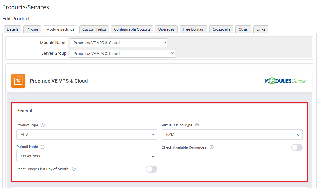 Proxmox VE VPS And Cloud For WHMCS: module settings General section with VPS product type and KVM virtualization