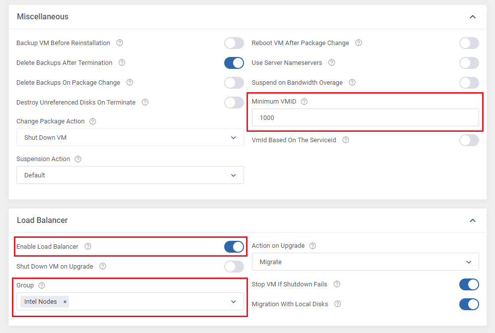 Proxmox VE VPS And Cloud For WHMCS: product Miscellaneous and Load Balancer settings with Minimum VMID and node group
