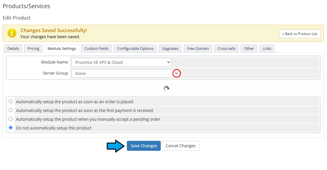 Proxmox VE VPS And Cloud For WHMCS: product Module Settings tab with the Server Group dropdown set to None