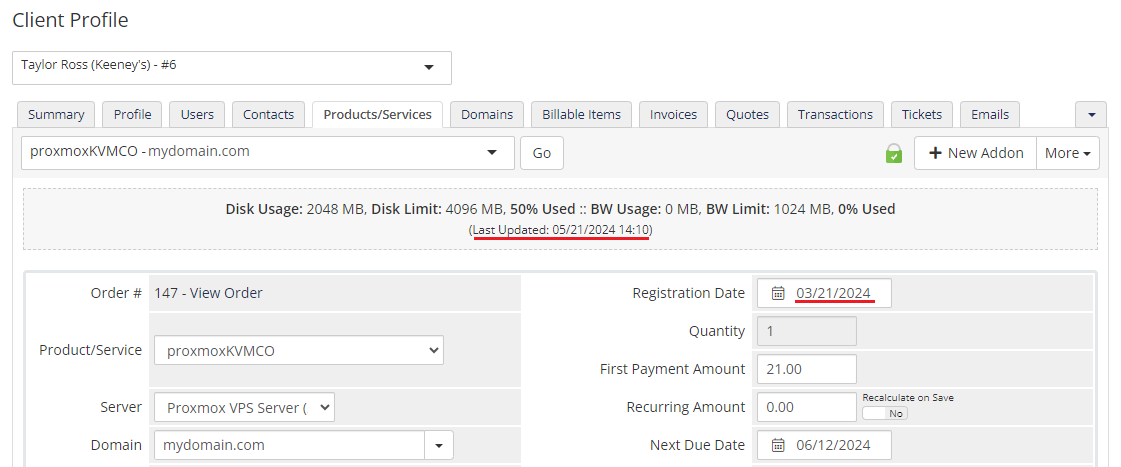Proxmox VE VPS And Cloud For WHMCS: WHMCS admin product page with the registration date 03/21/2024 marked
