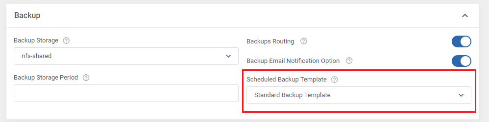 Proxmox VE VPS And Cloud For WHMCS: product Backup section with the Scheduled Backup Template dropdown