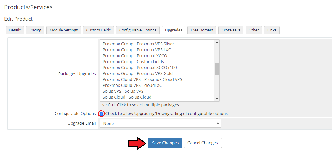 Proxmox VE VPS And Cloud For WHMCS: admin product Upgrades tab with Configurable Options ticked and Save Changes