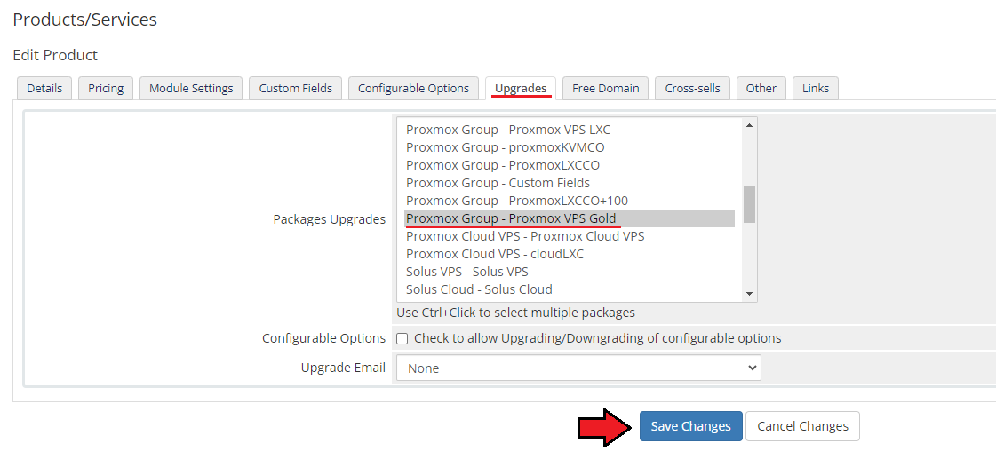 Proxmox VE VPS And Cloud For WHMCS: admin product Upgrades tab with a package selected and Save Changes