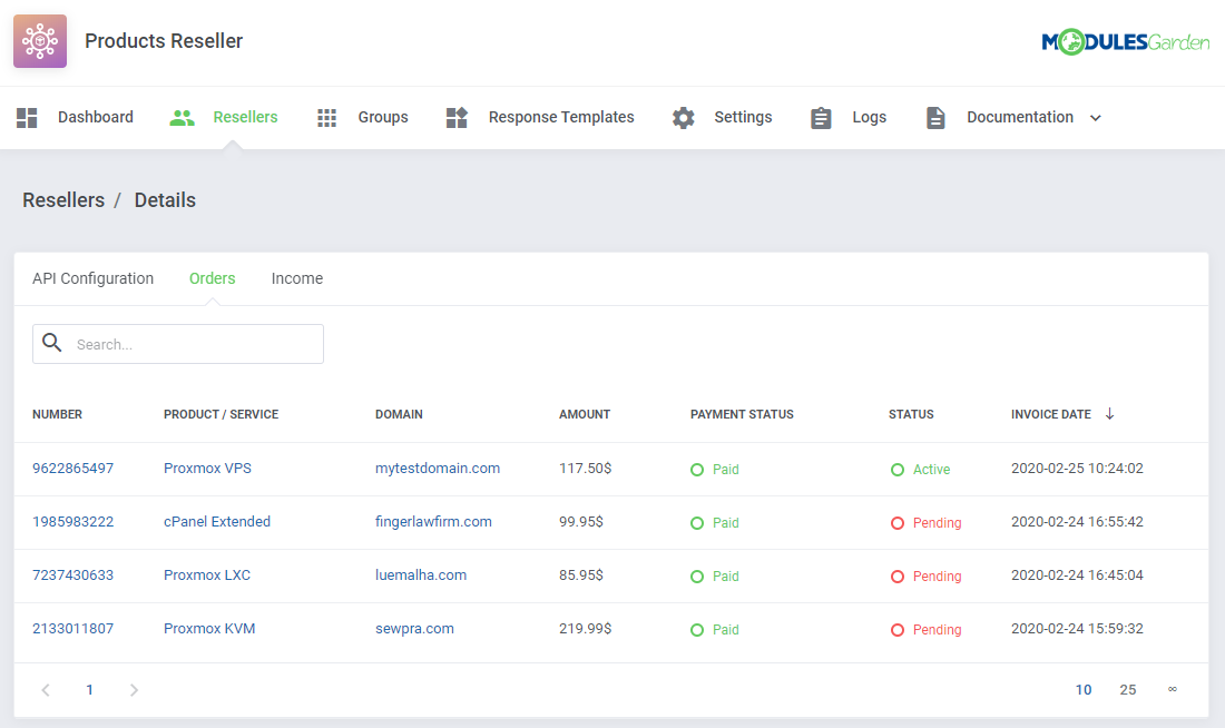 Proxmox VE VPS And Cloud For WHMCS: Products Reseller panel Orders tab with reseller orders, payment status and invoice