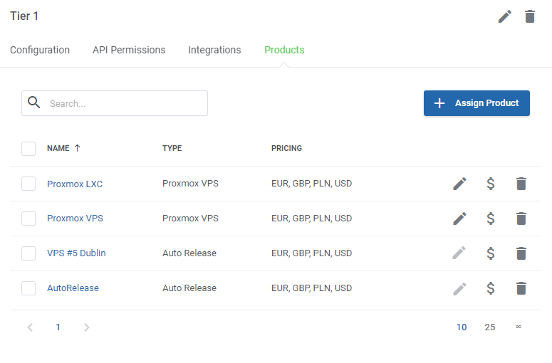 Proxmox VE VPS And Cloud For WHMCS: Products Reseller tier Products tab with assigned products and Assign Product button