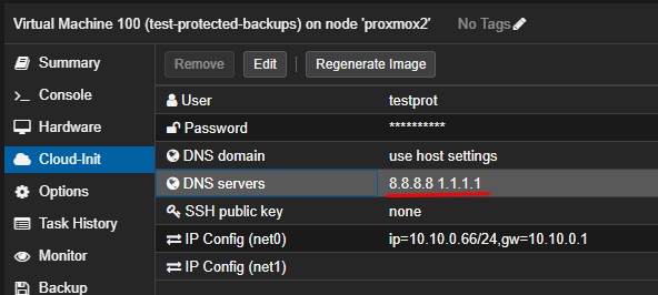 Proxmox VE VPS And Cloud For WHMCS: Proxmox panel Cloud-Init tab showing the DNS servers set for the virtual machine