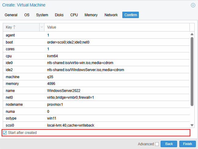 Proxmox VE VPS And Cloud For WHMCS: Proxmox Create VM wizard Confirm tab with the Start after created checkbox marked