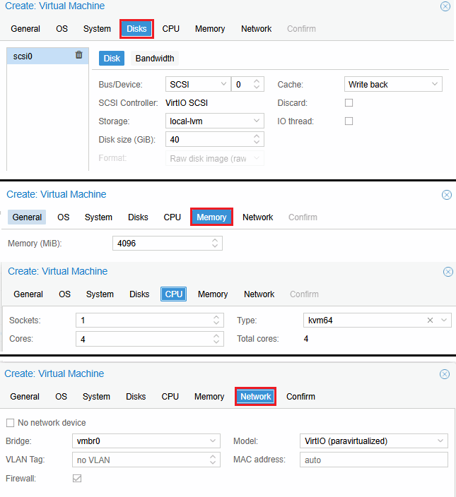 Proxmox VE VPS And Cloud For WHMCS: Proxmox Create VM wizard Disks, Memory, CPU and Network tabs with their settings