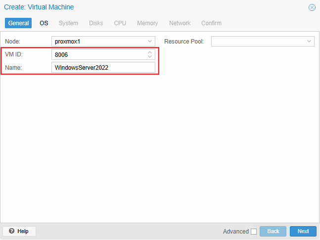 Proxmox VE VPS And Cloud For WHMCS: Proxmox Create VM wizard General tab with the VM ID and Name fields marked