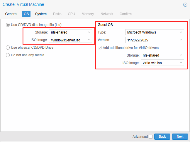 Proxmox VE VPS And Cloud For WHMCS: Proxmox Create VM wizard OS tab with the Windows Server ISO and VirtIO drivers ISO