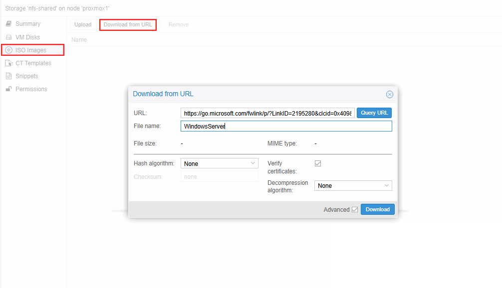 Proxmox VE VPS And Cloud For WHMCS: Proxmox panel ISO Images page with the Download from URL dialog for a Windows