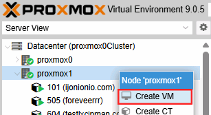 Proxmox VE VPS And Cloud For WHMCS: Proxmox VE tree with the node context menu and the Create VM option highlighted