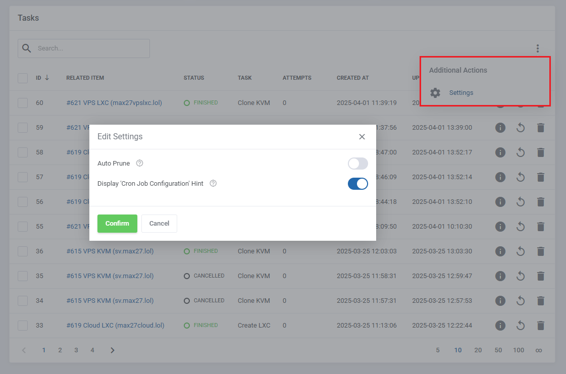 Proxmox VE VPS And Cloud For WHMCS: Queue Edit Settings dialog with Auto Prune and cron hint switches