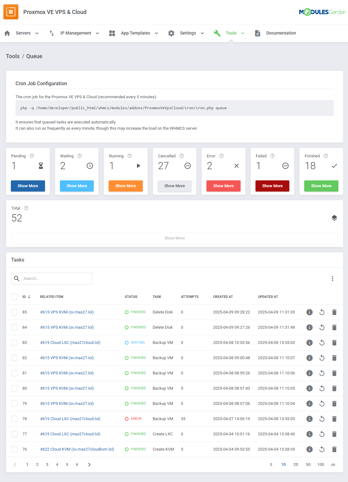 Proxmox VE VPS And Cloud For WHMCS: Tools Queue page with cron job hint, task status cards and the Tasks table