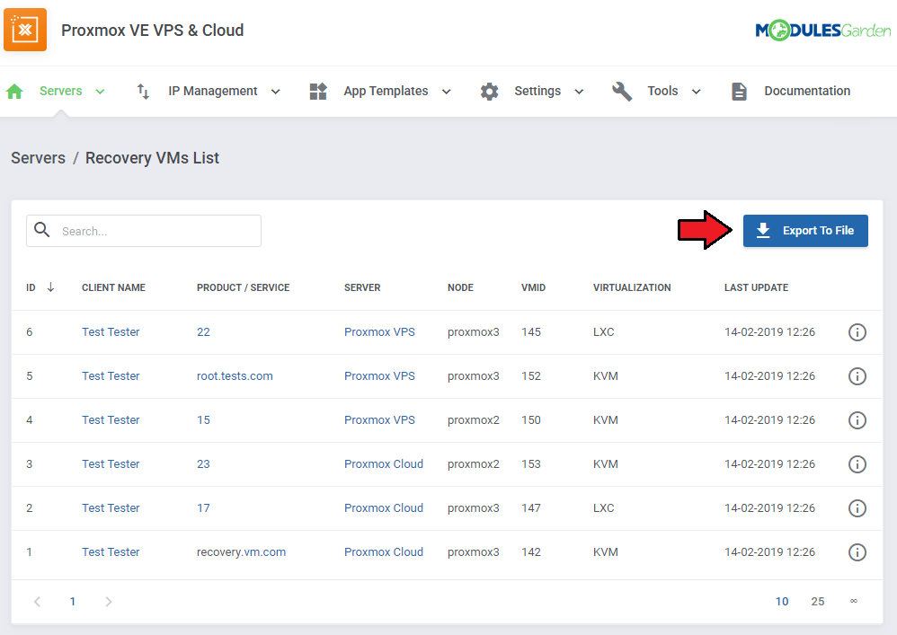 Proxmox VE VPS And Cloud For WHMCS: Recovery VMs List page with the Export To File button marked