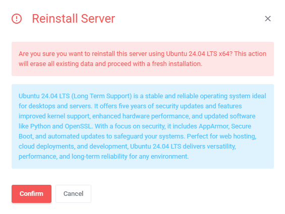 Proxmox VE VPS And Cloud For WHMCS: Reinstall Server confirmation dialog for Ubuntu 24.04 LTS x64