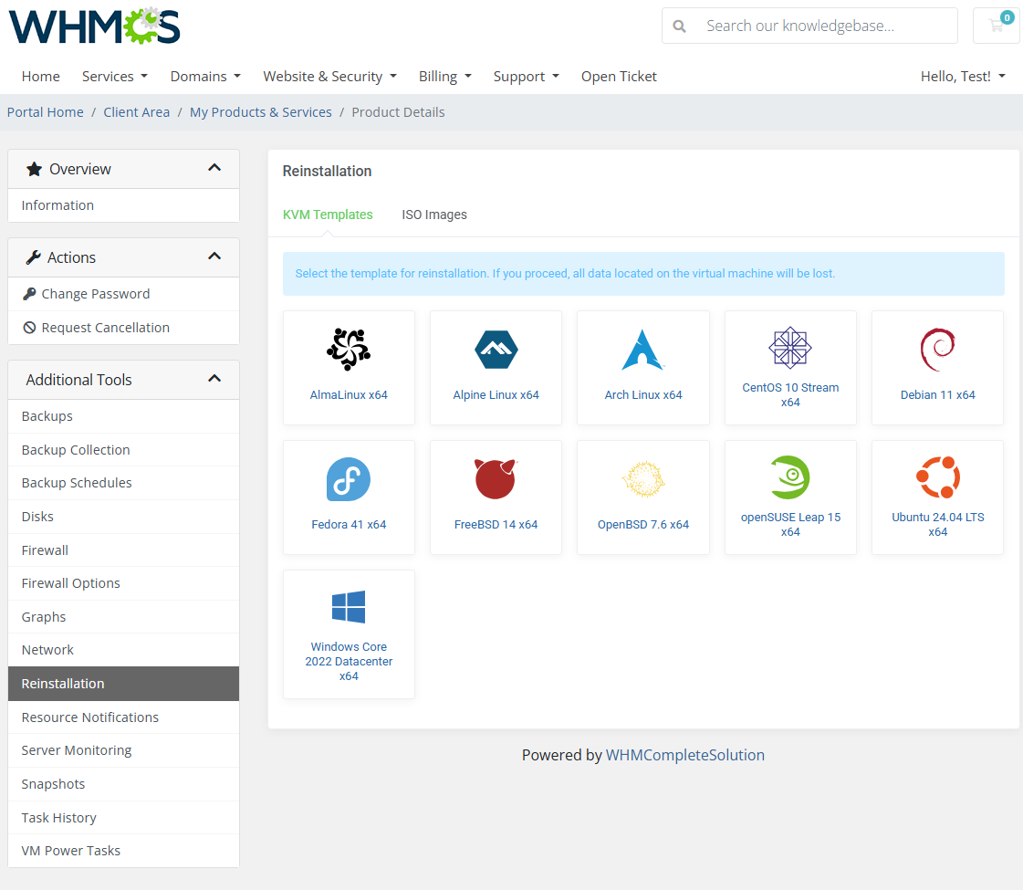 Proxmox VE VPS And Cloud For WHMCS: Reinstallation page with KVM Templates tab and operating system choices