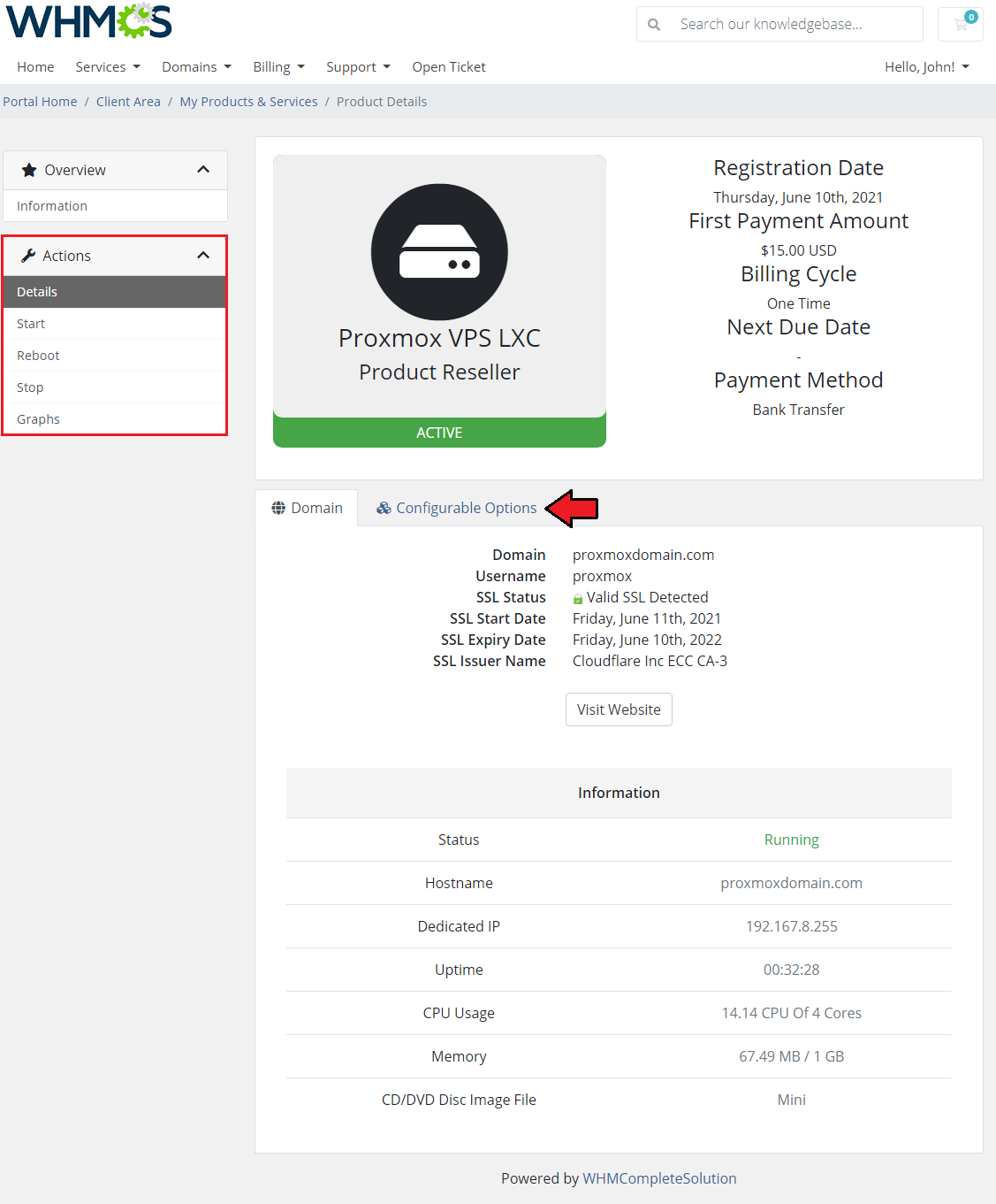 Proxmox VE VPS And Cloud For WHMCS: client area reseller product page with the Actions menu and Configurable Options tab