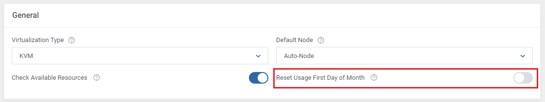 Proxmox VE VPS And Cloud For WHMCS: General module settings with the Reset Usage First Day of Month switch marked