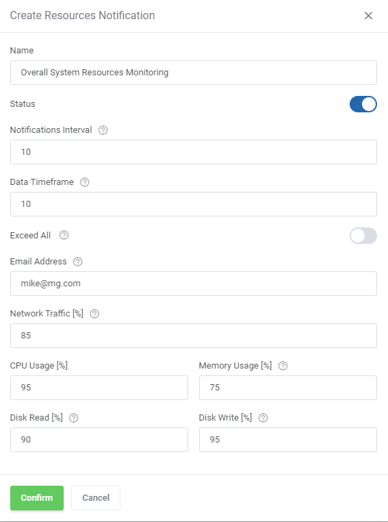 Proxmox VE VPS And Cloud For WHMCS: client area Create Resources Notification form with network, CPU, memory and disk
