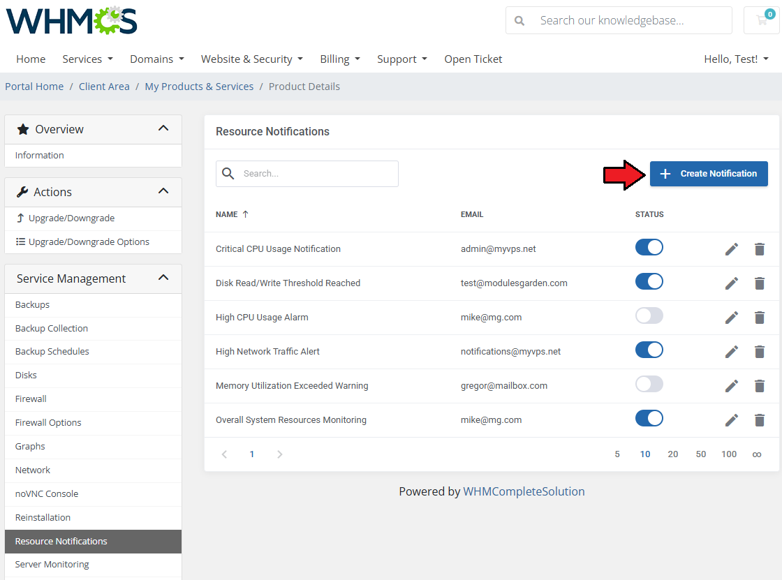 Proxmox VE VPS And Cloud For WHMCS: Resource Notifications list with the Create Notification button highlighted