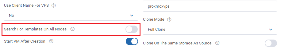 Proxmox VE VPS And Cloud For WHMCS: product KVM configuration with the Search For Templates On All Nodes switch turned