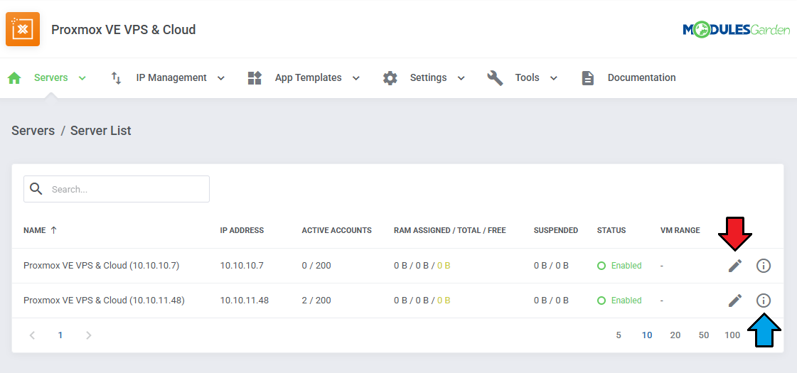 Proxmox VE VPS And Cloud For WHMCS: Servers list in the addon with the edit and More Info icons marked