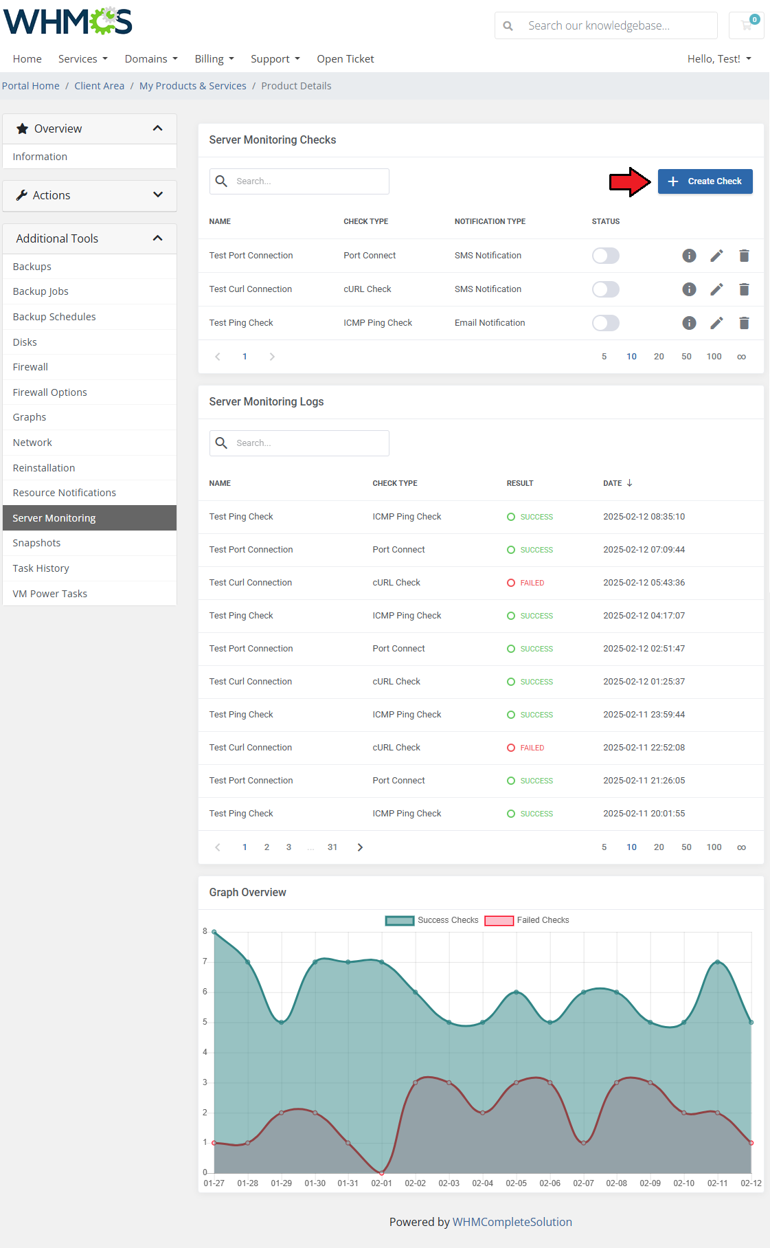 Proxmox VE VPS And Cloud For WHMCS: client area Server Monitoring page with checks table and the Create Check button