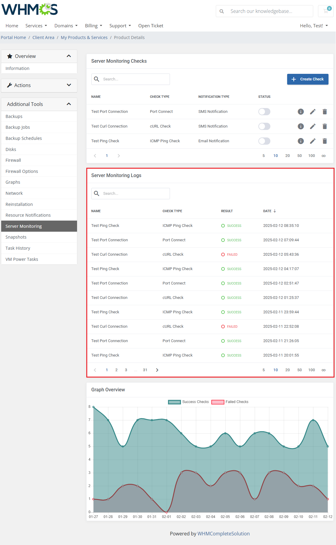 Proxmox VE VPS And Cloud For WHMCS: client area Server Monitoring Logs table with check names, types, results and dates