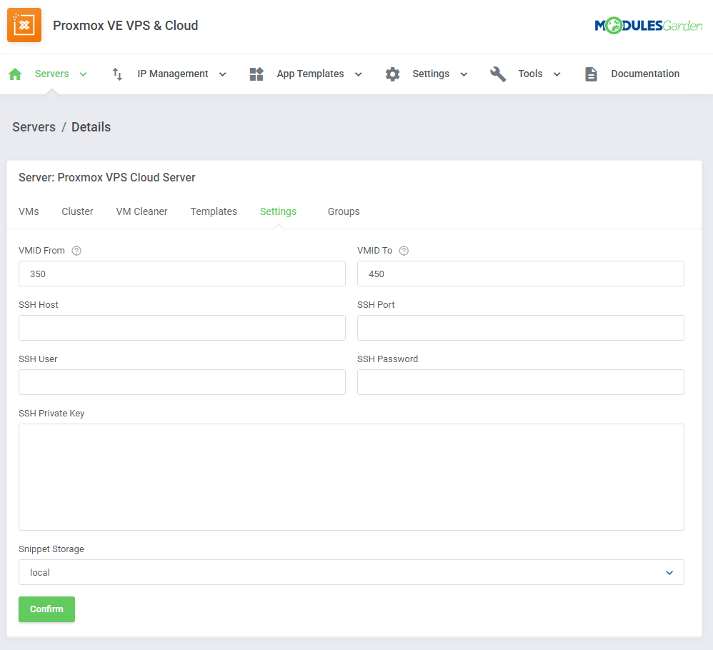Proxmox VE VPS And Cloud For WHMCS: server Settings tab with VMID range, SSH connection fields and Snippet Storage