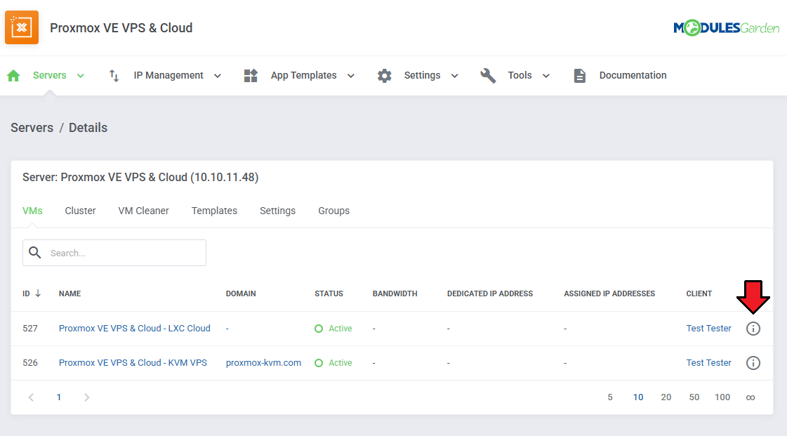 Proxmox VE VPS And Cloud For WHMCS: server details VMs tab listing virtual machines with the info icon marked