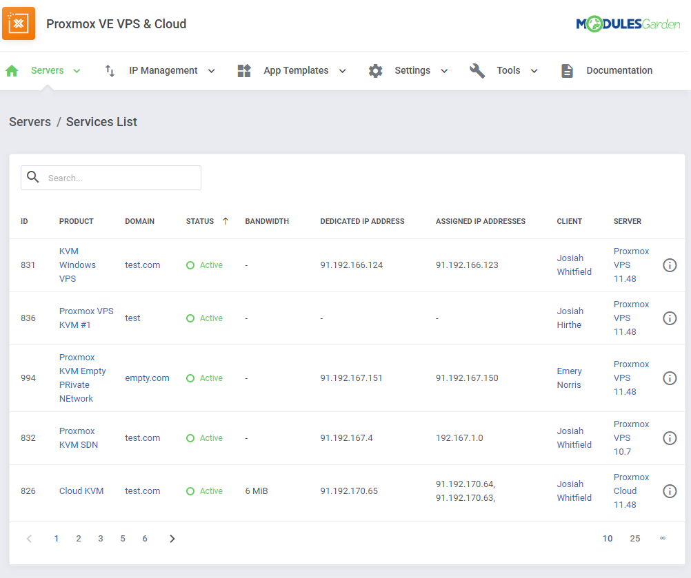 Proxmox VE VPS And Cloud For WHMCS: Services List page with Proxmox products, status, IP addresses, clients and servers