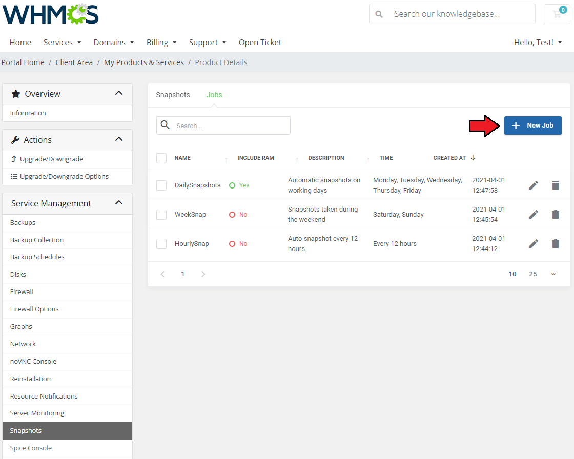 Proxmox VE VPS And Cloud For WHMCS: client area Snapshots Jobs tab with the New Job button and a list of snapshot jobs