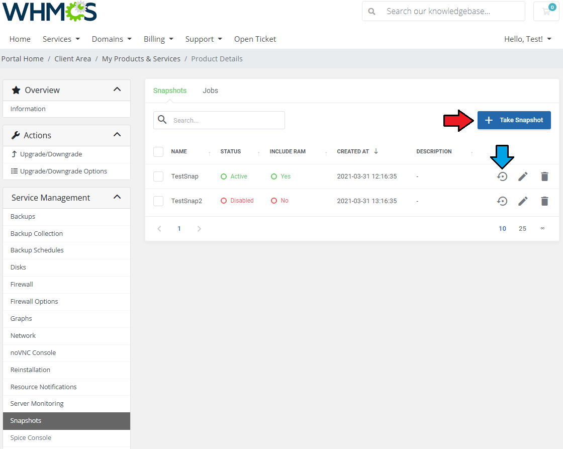 Proxmox VE VPS And Cloud For WHMCS: client area Snapshots tab with the Take Snapshot button and the snapshot list