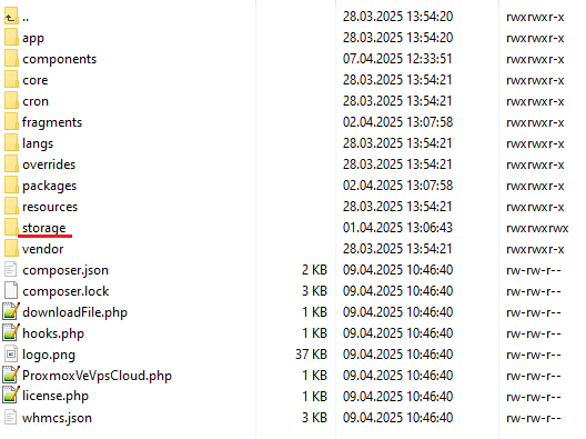 Proxmox VE VPS And Cloud For WHMCS: file manager with the storage folder underlined and its write permissions