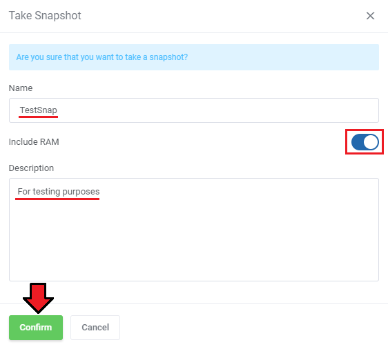 Proxmox VE VPS And Cloud For WHMCS: client area Take Snapshot dialog with name, Include RAM switch and description