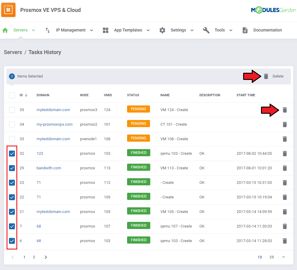Proxmox VE VPS And Cloud For WHMCS: Tasks History page with finished tasks selected and delete actions marked