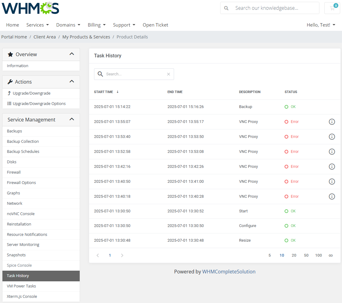 Proxmox VE VPS And Cloud For WHMCS: client area Task History table with start and end time, description and error status