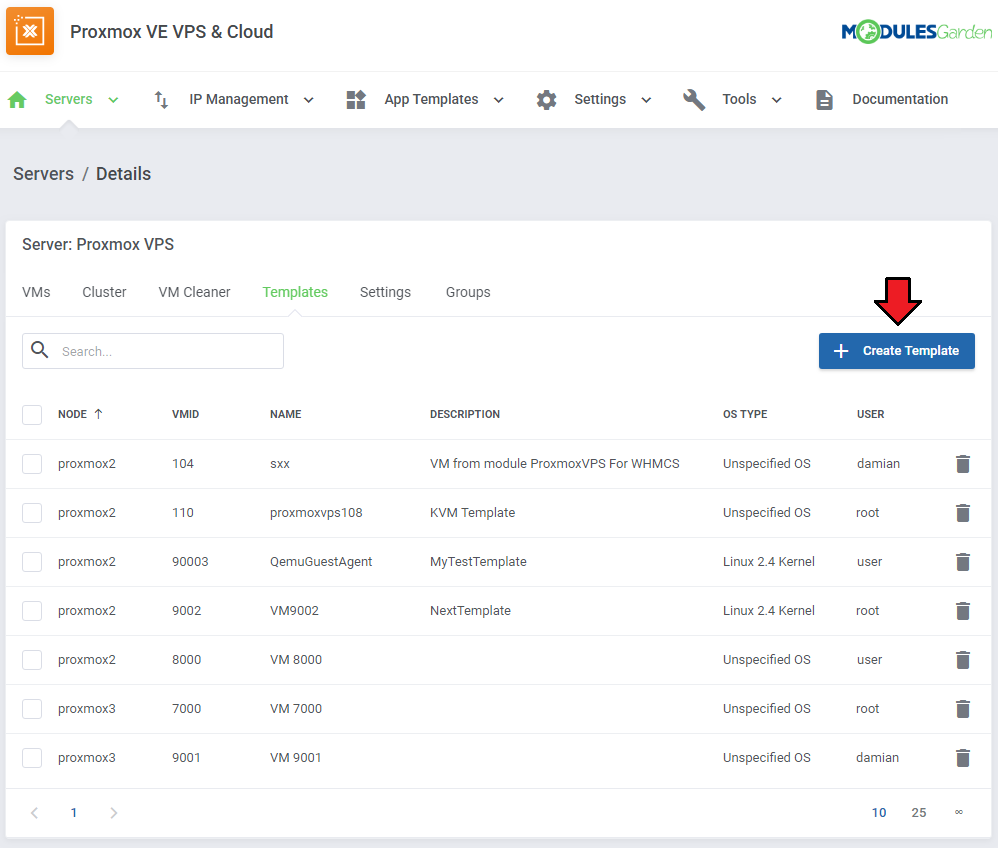 Proxmox VE VPS And Cloud For WHMCS: server details Templates tab with the Create Template button marked