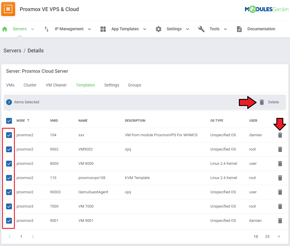 Proxmox VE VPS And Cloud For WHMCS: Templates tab with all templates selected and the Delete actions marked